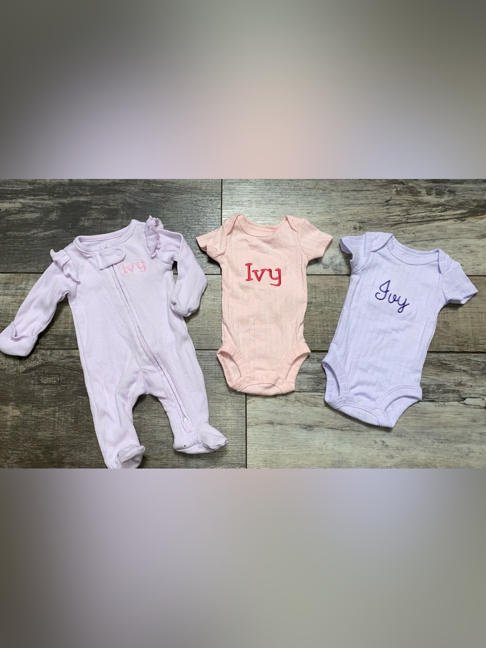 Personalized Ivy Baby One-Piece Bundle in Light Pink & Lavender size Preemie